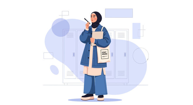 Muslim student in hijab with notebook and pen, thinking in lockers area