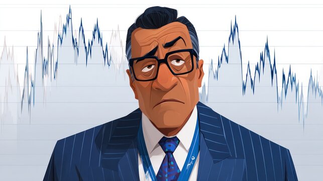Concerned businessman looks downtrodden against a financial stock chart background