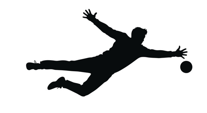 Silhouette of Goalkeeper Diving to Save Soccer Ball on White.