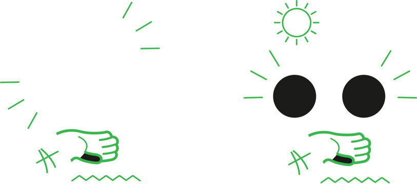 Two cartoon hands pointing at a surprised face with sun rays and water