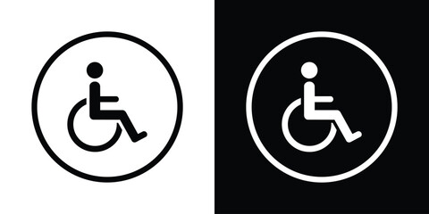 Universal accessibility wheelchair icon placed inside a circular outline. Minimal black and white vector symbol representing disability access, inclusive infrastructure, mobility support, and accessib
