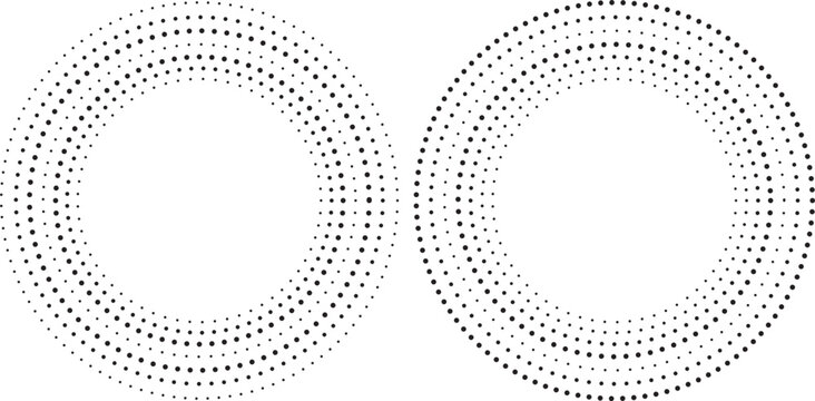 Abstract circular halftone dot ring vector set with radial gradient pattern for modern frames, borders and decorative background elements
