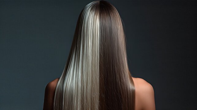 Half Brunette and Half Blonde Hair Transformation in a Beauty Advertisement Back View