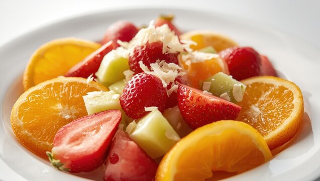 Fruit salad includes Sunkist oranges, strawberries, watermelon, melon, dragon fruit, and shaved cheese