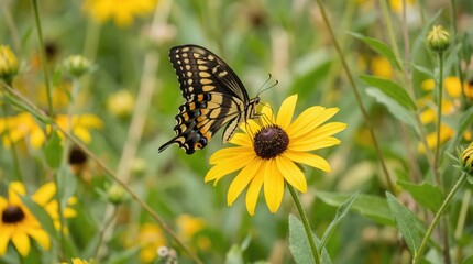 Obraz premium Monarch butterfly resting on a vibrant yellow wildflower in a sunny meadow