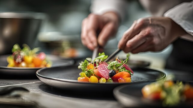 Chef Prepares Colorful Gourmet Dish in Minimalistic Kitchen During Busy Dinner Service Hours