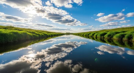A slow moving river with glassy surface reflecting blue sky and clouds during a bright sunny day in a green landscape.