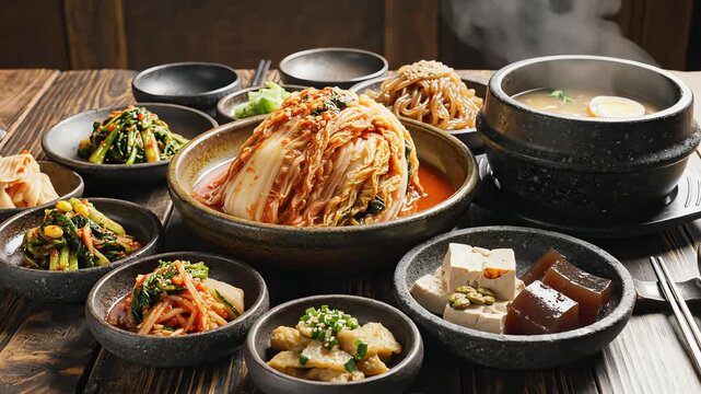 Assortment of cooked dishes presented on a tabletop for culinary imagery