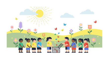 Children Releasing Butterflies in Sunny Meadow, Springtime Fun