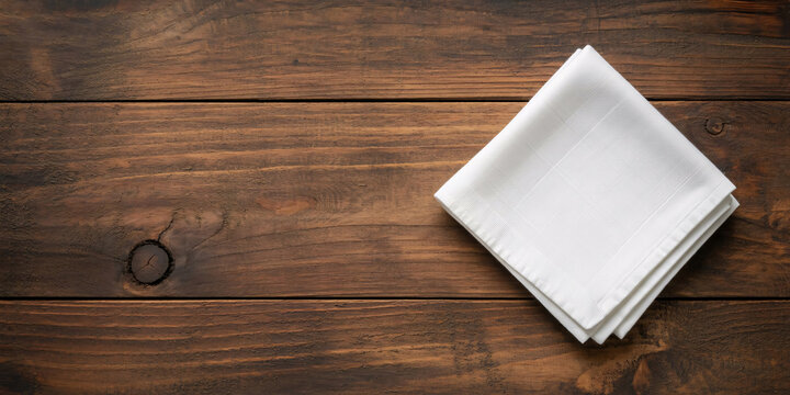 Top view of a folded white linen napkin on a rustic wood background with copy space for a table setting