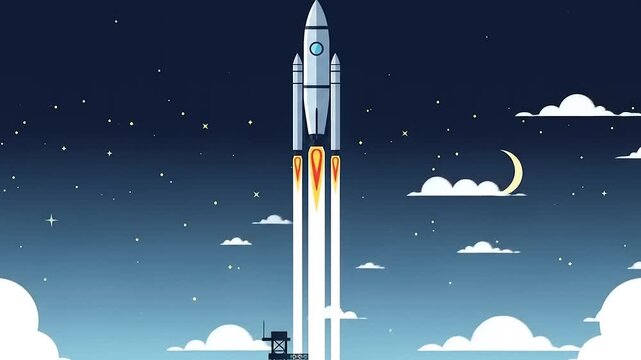 Rocket Launching into Space at Night.