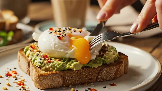 Breakfast scene with toast avocado and poached egg culinary preparation