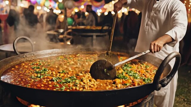 Chef cooking food outdoors at event with festive decorations and large cooking pot