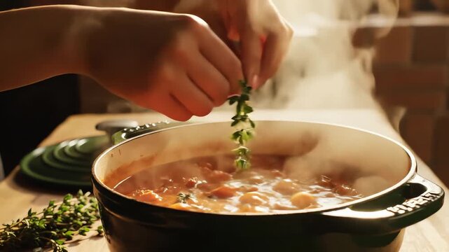 Chef hands adding herbs to steaming pot of food cooking close up