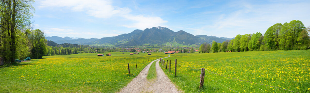 wide spring panorama landscape, hiking around Lenggries, upper bavaria