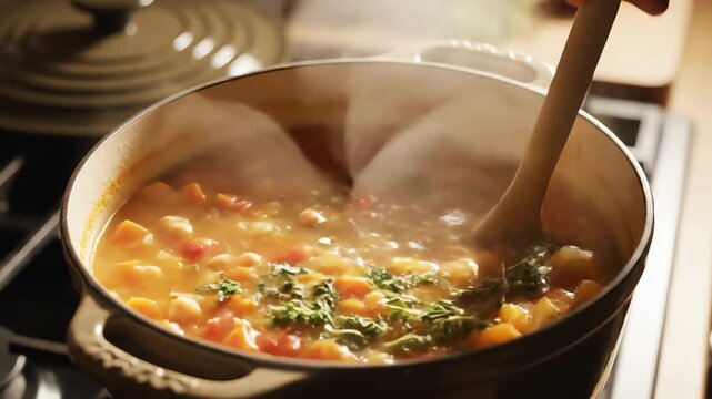 Chef sprinkles fresh herbs into a stew cooking indoors