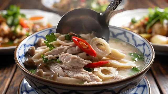 Close up of a bowl of creamy soup with garnishes and additional dishes