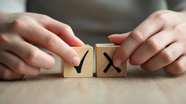 Hands choosing between two wooden blocks with checkmark and cross symbols on a wooden table 