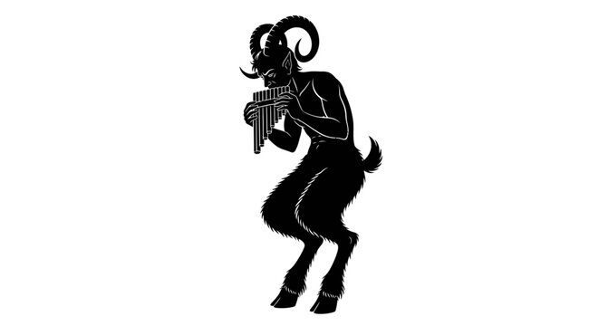 Silhouette of Pan Playing Syrinx Isolated on White Background.