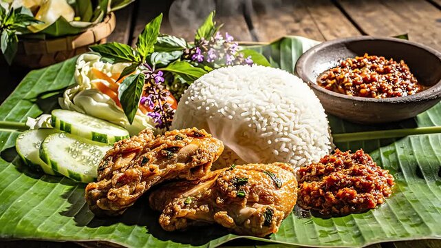 Close up of a prepared meal on a green leaf displayed on a rustic wooden table