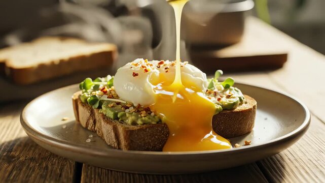 Close up of avocado toast with poached egg and microgreens on plate