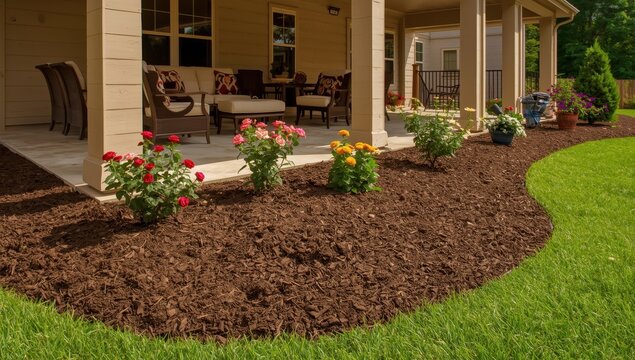 Covering flowerbeds near the house with fresh mulch next to a patio adorned with decorative blooms