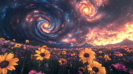 Fototapeta premium Vibrant field of sunflowers under a swirling galaxy sky artistic fantasy scene