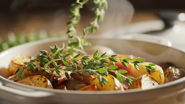 Close up of cooked vegetables with herb sprig in a white ceramic dish