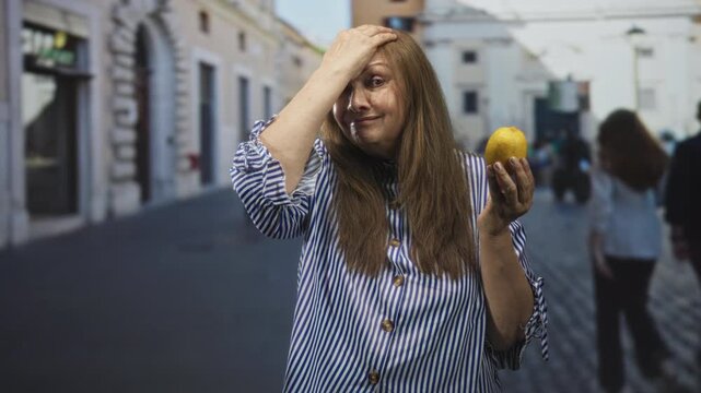 Woman holding lemon in right hand with palm to forehead gesture, striped shirt, standing on a cobblestone street lined with buildings; surprise forgetfulness.