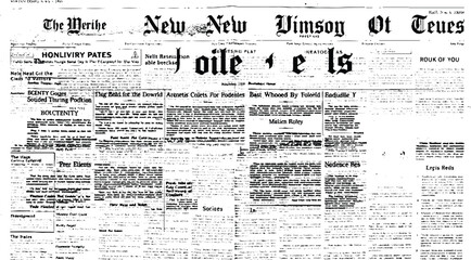 Newspaper with white unreadable text. Vintage grunge blurred paper news texture horizontal background. Vector design.