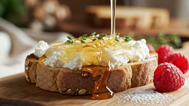 Close up of food preparation with honey and bread on a wooden surface