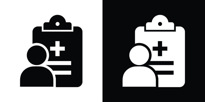 Patient medical record icon. Vector clipboard with medical cross and person silhouette. High-contrast graphic for patient profile, health history, and clinical registration apps.