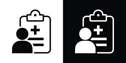 Patient medical record icon. Vector clipboard with medical cross and person silhouette. High-contrast graphic for patient profile, health history, and clinical registration apps. © bibin