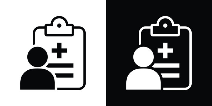 Patient medical record icon. Vector clipboard with medical cross and person silhouette. High-contrast graphic for patient profile, health history, and clinical registration apps.