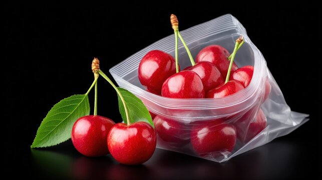 Fresh Red Cherries in Transparent Plastic Zip Bag on Black Background
