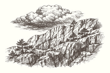 Intricate woodcut illustration of a steep rocky mountain slope with scattered pine trees and heavy clouds for rugged wilderness and climbing themes. © Chairul