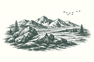 Vintage engraving of massive rocky boulders in the foreground with sharp mountain peaks and flying birds for hiking and geology exploration themes. © Chairul