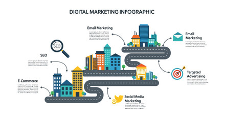 Digital marketing infographic cityscape graphic design.