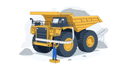Giant mining dump truck being measured by a small worker. © Mukhamad