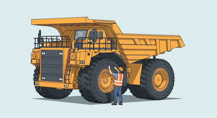 Giant Mining Dump Truck with Worker Standing Next to Tire. © Mukhamad