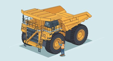 Giant Mining Dump Truck with Worker Standing Nearby. © Mukhamad
