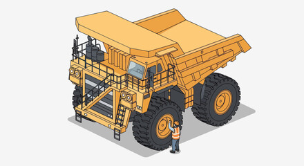 Isometric illustration of a giant mining dump truck with a worker. © Mukhamad