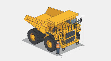 Isometric illustration of a giant mining dump truck with a worker. © Mukhamad