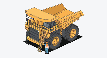 Isometric illustration of a giant yellow mining dump truck with a worker. © Mukhamad
