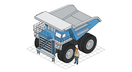Isometric illustration of a large blue mining dump truck with a worker standing next to it. © Mukhamad