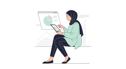 Fototapeta premium Muslim woman analyzing data on tablet with charts and graphs
