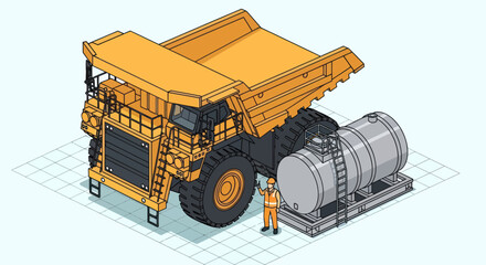 Isometric illustration of a large mining dump truck and fuel tank with a worker. © Mukhamad
