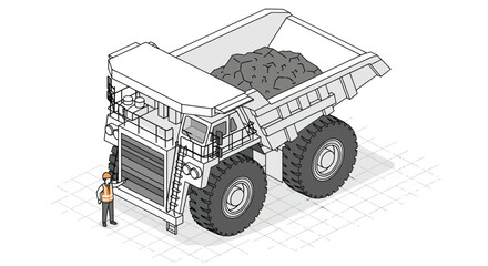 Isometric illustration of a large mining dump truck with a person for scale. © Mukhamad