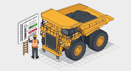 Isometric illustration of a worker inspecting a large mining dump truck with coal. © Mukhamad