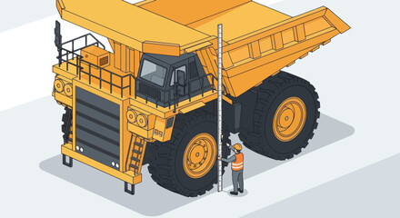 Isometric illustration of a worker measuring a large mining dump truck. © Mukhamad